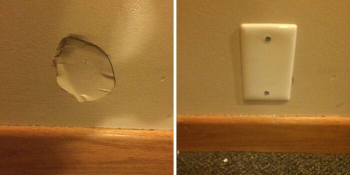 Patch of peeling paint on wall left, empty plastic switch cover mounted on wall right, showing dumb but technically works solution.