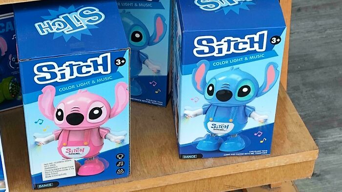 Boxes of shamelessly copied Stitch toys in blue and pink, highlighting hilarious times designers copied famous brands.
