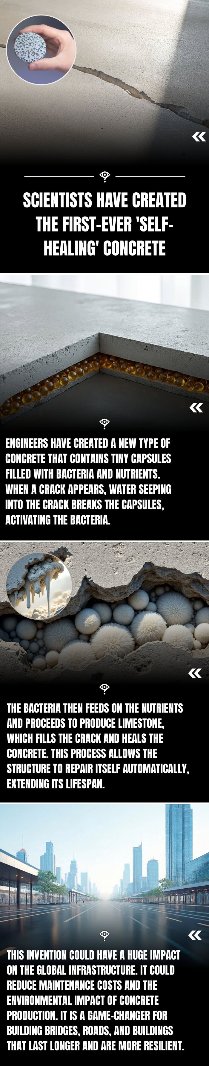 Self-healing concrete with bacteria-filled capsules repairs cracks automatically, extending lifespan and reducing maintenance.
