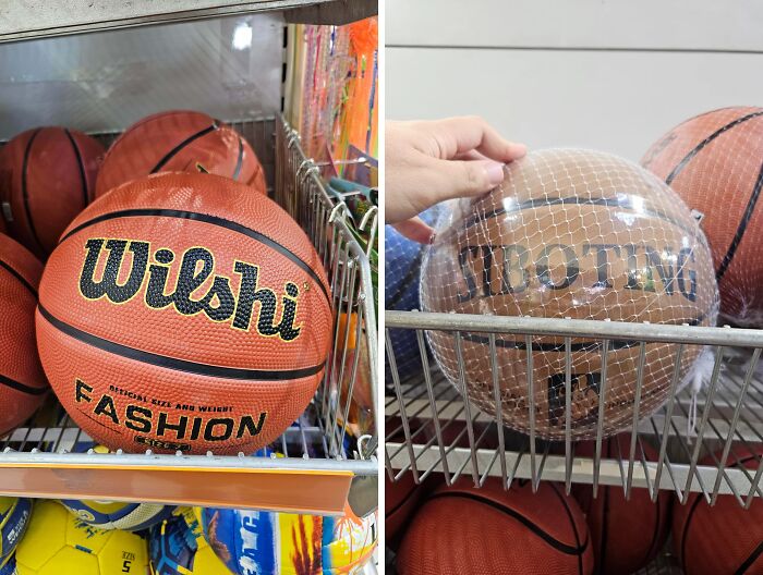 Basketballs with shamelessly copied brand names Wilshi and Stoming, showcasing design imitation fails by designers.