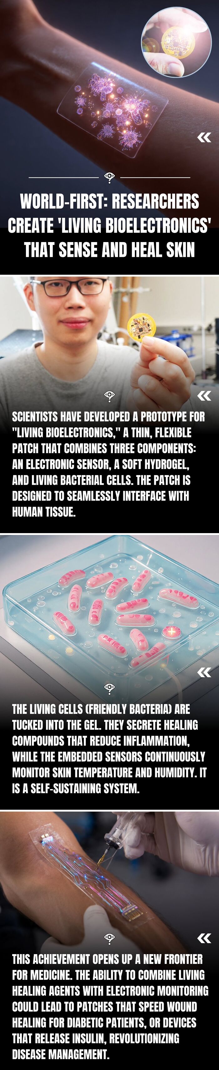 Flexible living bioelectronics patch with electronic sensors and friendly bacteria to heal and monitor skin conditions.