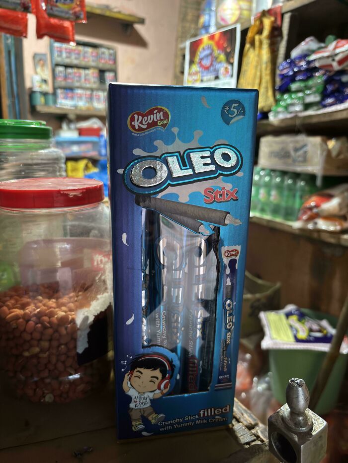 Imitation Oreo Stix chocolate snack packaging in a local store, showcasing shameless brand copying by designers.