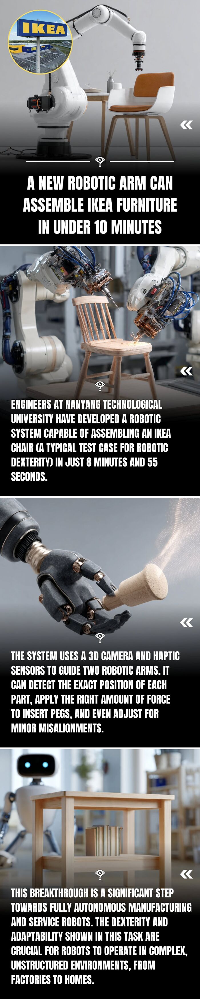 Robotic arms assembling IKEA furniture quickly, showcasing advanced robotics and dexterity in autonomous manufacturing technology.