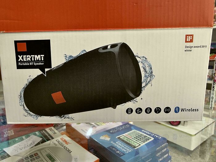 Portable Bluetooth speaker with a design closely resembling a famous brand’s wireless speaker model.