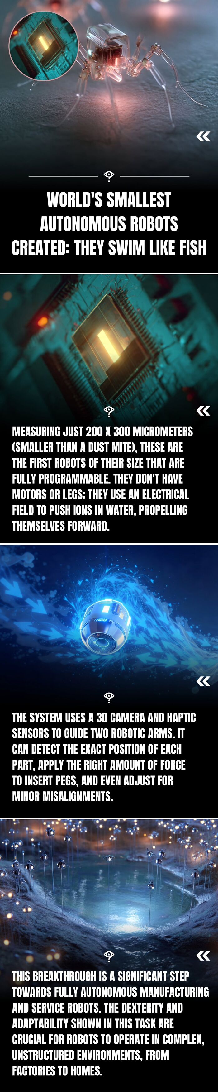Microscopic autonomous robots swim like fish using electrical fields, showcasing fascinating science facts for curious minds.