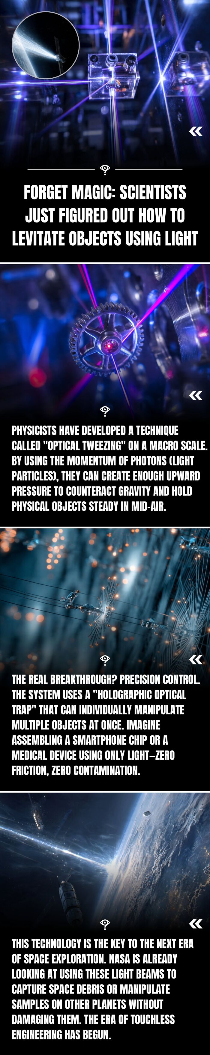 Close-up of scientists using optical tweezing with light beams to levitate and manipulate objects, showcasing advanced science facts.