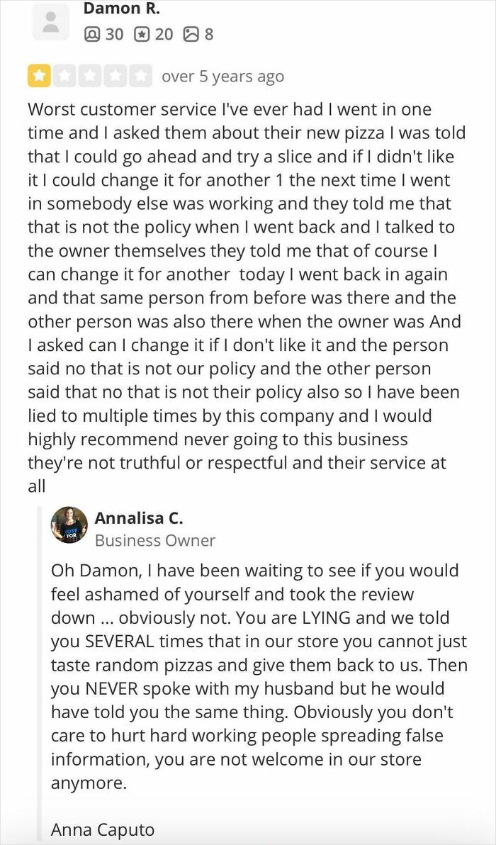 Screenshot of a delusional customer review and business owner response highlighting failed issue resolution via reviews.