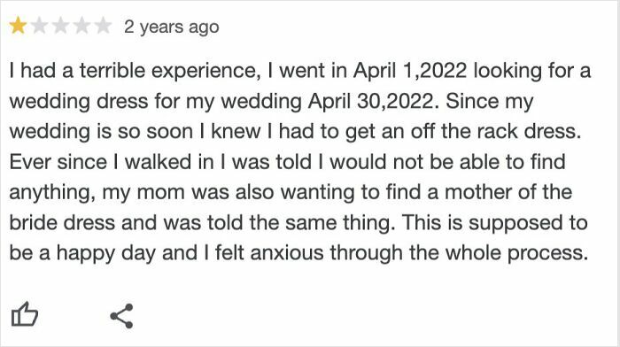 One-star customer review complaining about wedding dress shopping experience, illustrating delusional customers in reviews.