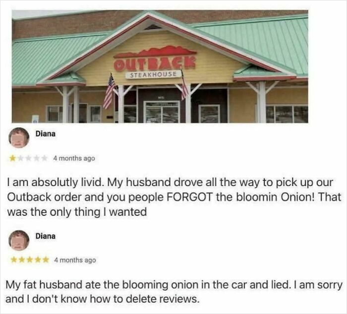 Screenshot of a delusional customer review about an Outback Steakhouse order missing the bloomin onion.