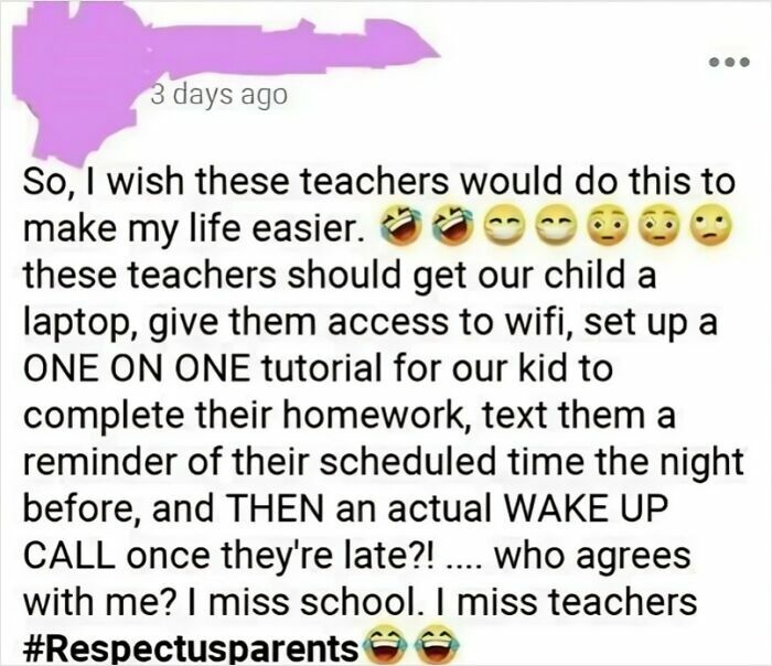 Screenshot of a social media post complaining about entitled parents expecting teachers to do all the work, highlighting Karen behavior.