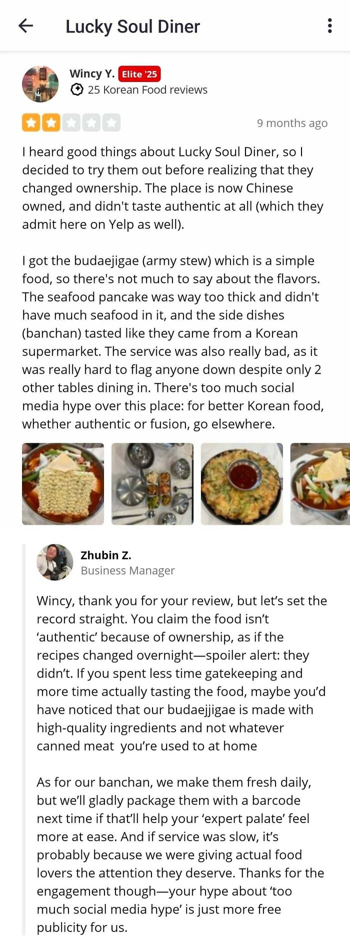 Customer review and business reply showing delusional customers trying to settle issues via online reviews with food images included.