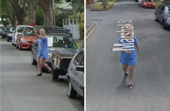 Woman in blue dress walking on a residential street, illustrating entitled Karens missing a sense of shame incident.