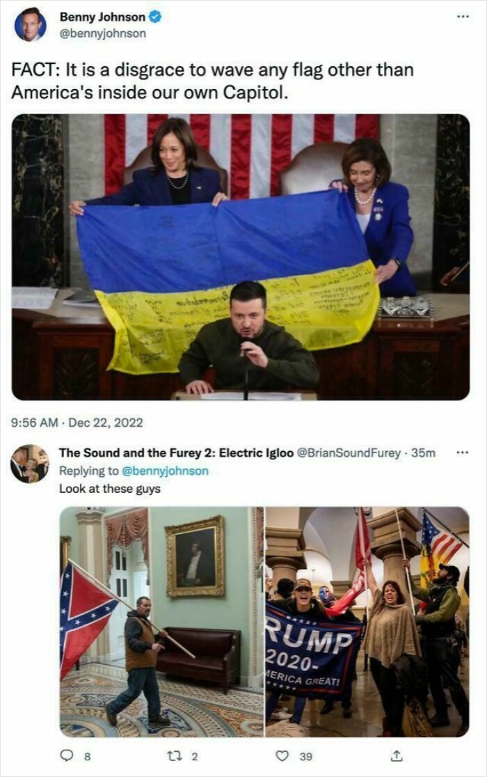 Tweet shows a political debate with Ukrainian flag and U.S. Capitol protests highlighting words used against them on social media.