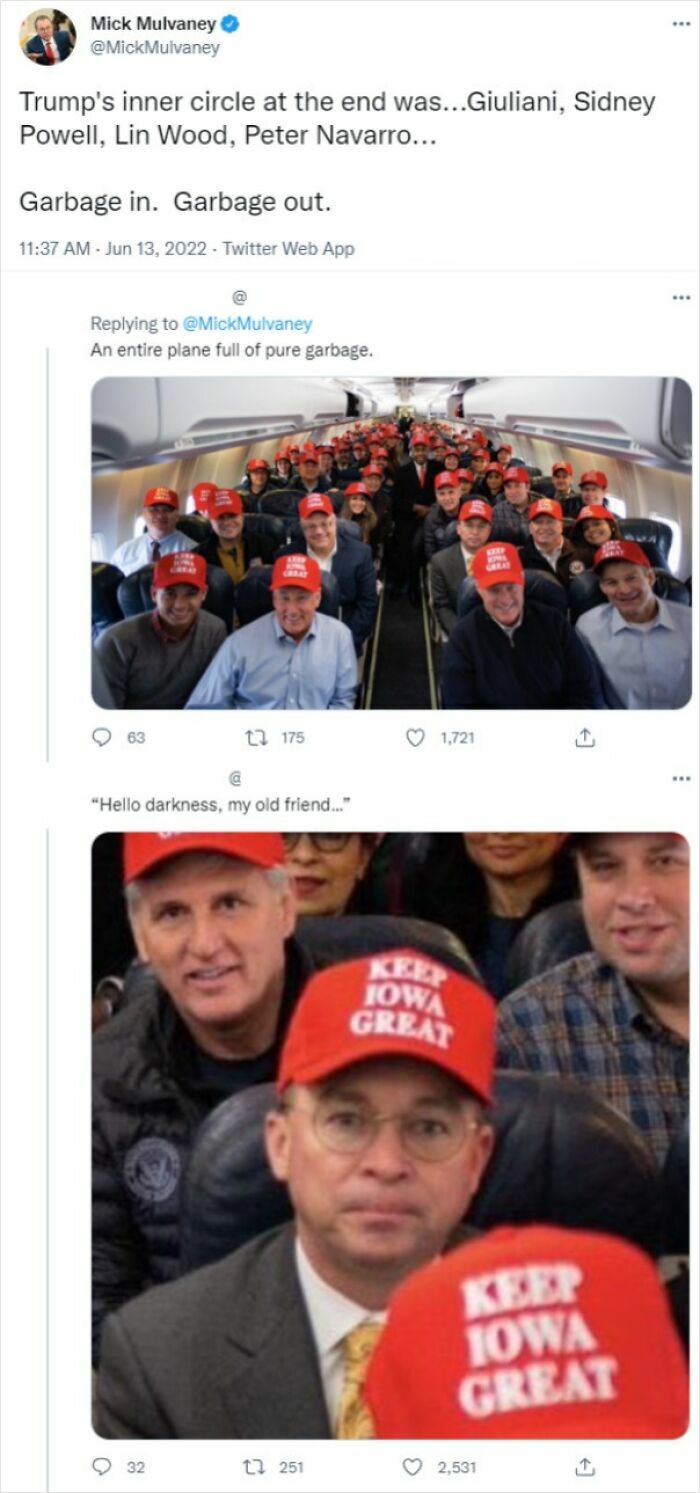 Tweet about Trump’s inner circle with a photo showing a large group wearing red "Keep Iowa Great" hats on a plane.