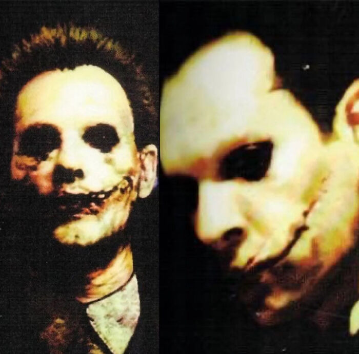 Two creepy images of a pale-faced person with dark eyes and a wide, unnatural smile. Creepy images. Hair of kids.