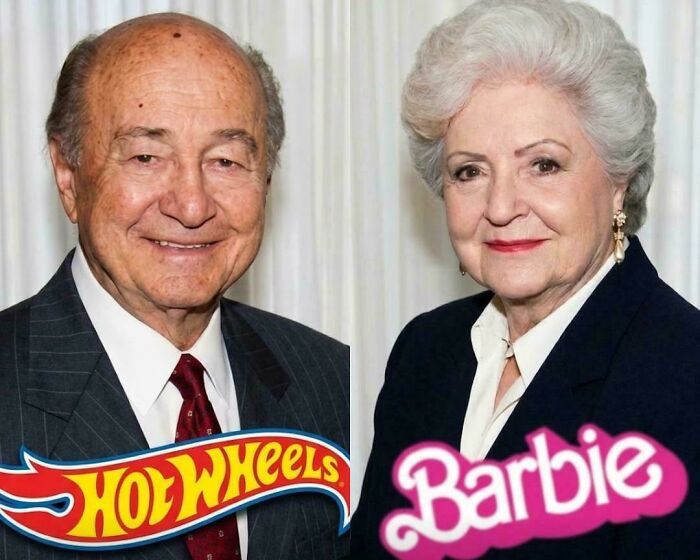 Amazing photos: Portraits of an elderly man with the Hot Wheels logo and an elderly woman with the Barbie logo.
