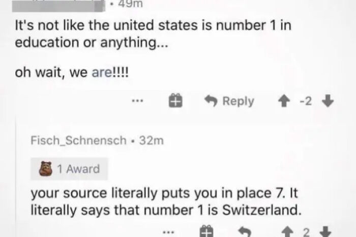 Reddit comments highlighting Americans confidently posting wrong statistics about USA education rankings.