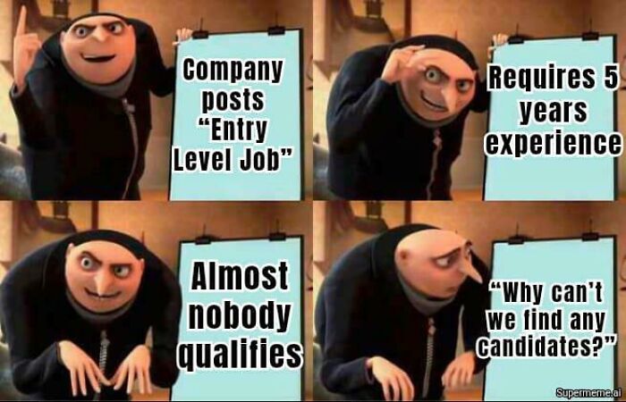 A Gru meme from Despicable Me, showing frustration with an entry-level job requiring 5 years of experience.