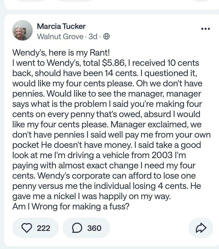 Hilarious screenshot from a neighborhood online community showing a rant about missing change from Wendy's.