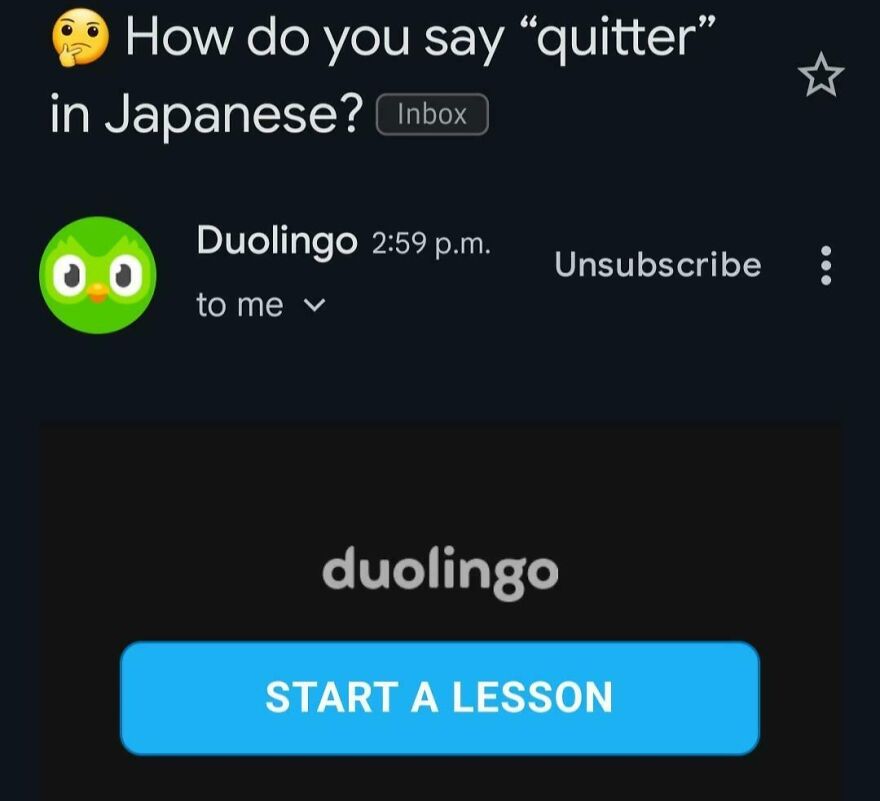 Duolingo email asking how to say quitter in Japanese with a call to action button to start a lesson.