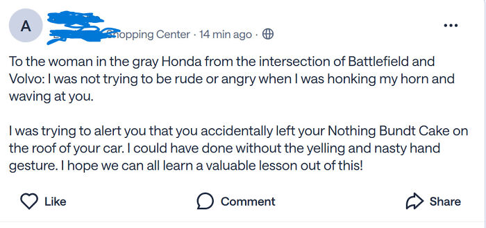 Hilarious screenshot from a neighborhood online community about a woman leaving a cake on her car roof.