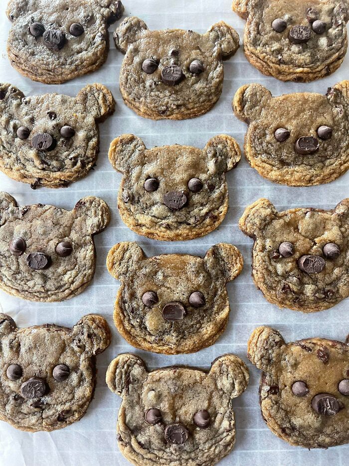Bear face chocolate chip cookies on parchment paper