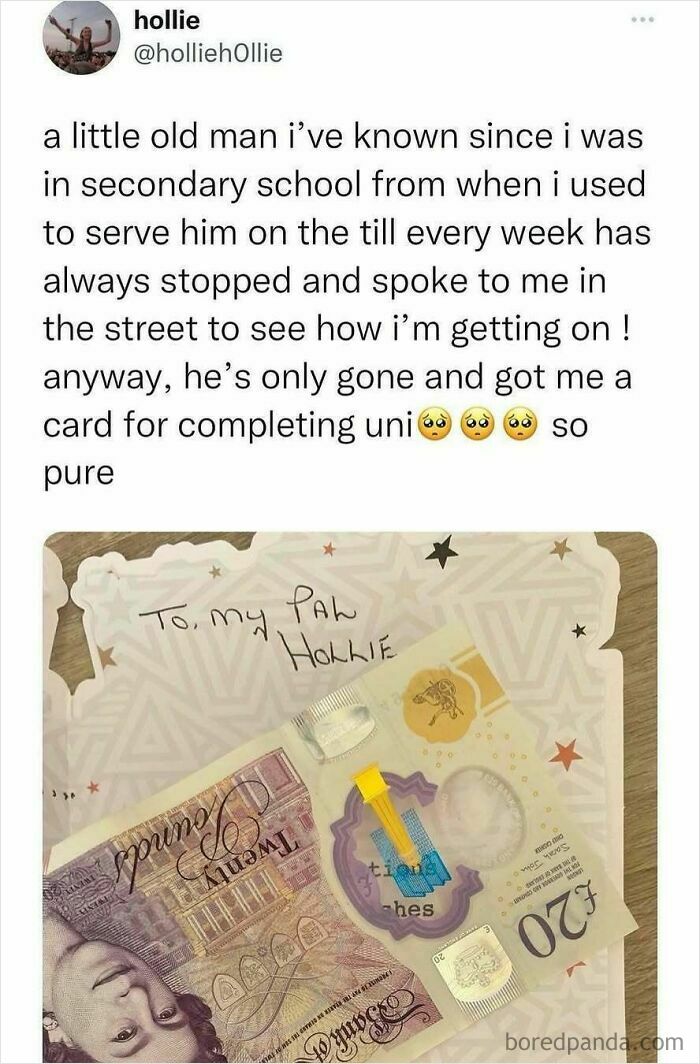 Tweet about a kind old man giving a university completion card with British humor and a 20-pound note attached.