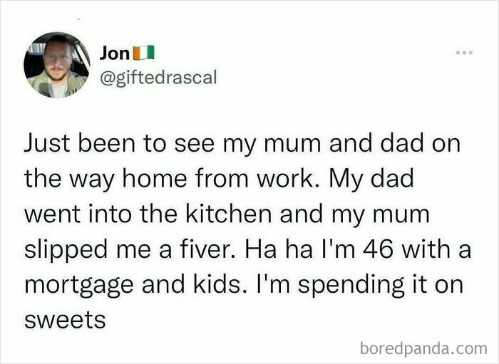 Tweet about a 46-year-old with mortgage and kids receiving a fiver from mum, showcasing British humor memes.