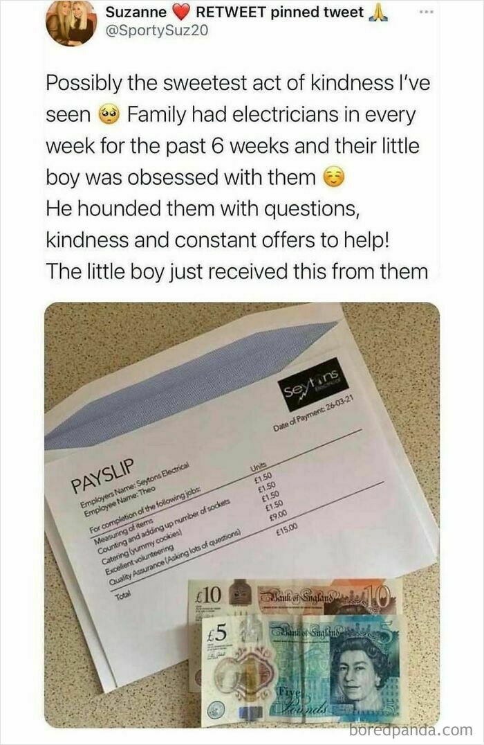 Tweet about a kind family boy and a humorous British payslip with money featuring British humor memes.