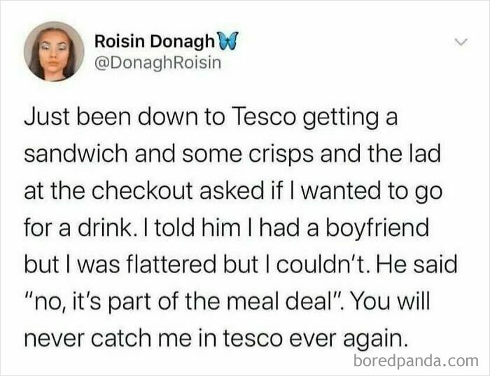 British humor meme about a Tesco checkout lad offering a drink as part of a meal deal, causing surprise and amusement.