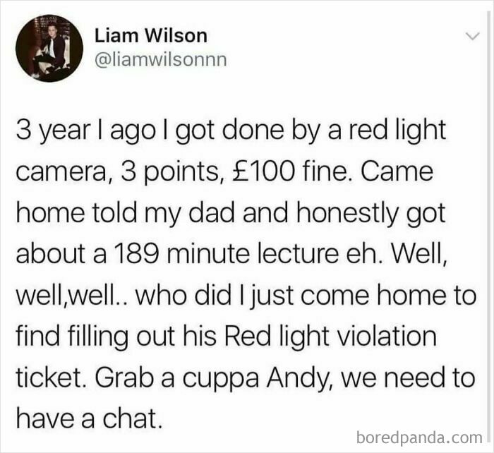 Text meme about a red light camera fine and a humorous British-style family lecture on traffic violations.