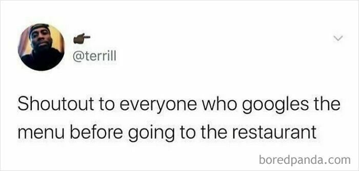 Humorous social media post about googling the menu before dining, reflecting British humor memes online.