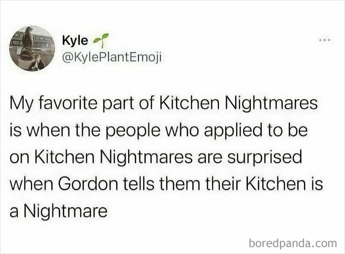 Tweet humor about Kitchen Nightmares surprising applicants, fitting the British humor memes theme for fans of witty jokes.