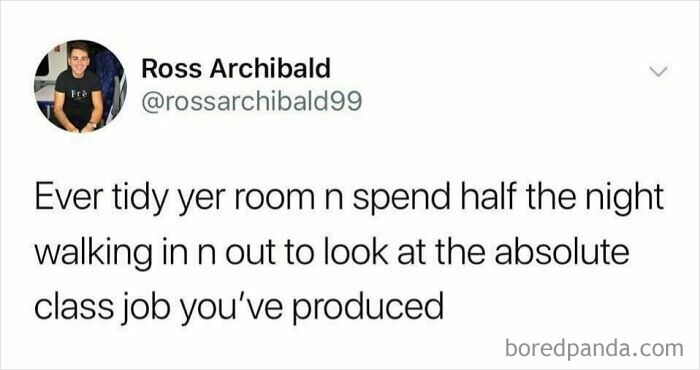 Social media post with British humor meme about tidying a room and admiring the hard work, reflecting British humor memes.