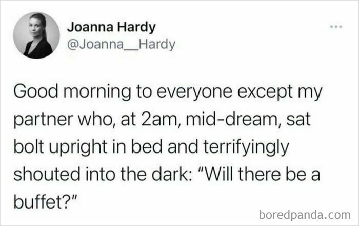 Tweet humor about a partner shouting at 2am asking about a buffet, showcasing British humor memes online.