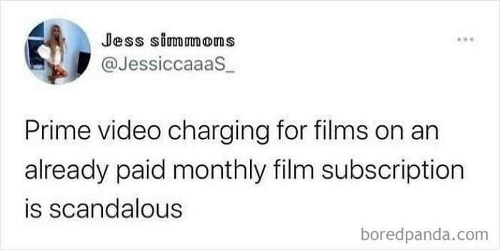 Twitter meme about Prime Video charging for films despite a paid subscription, reflecting British humor memes.