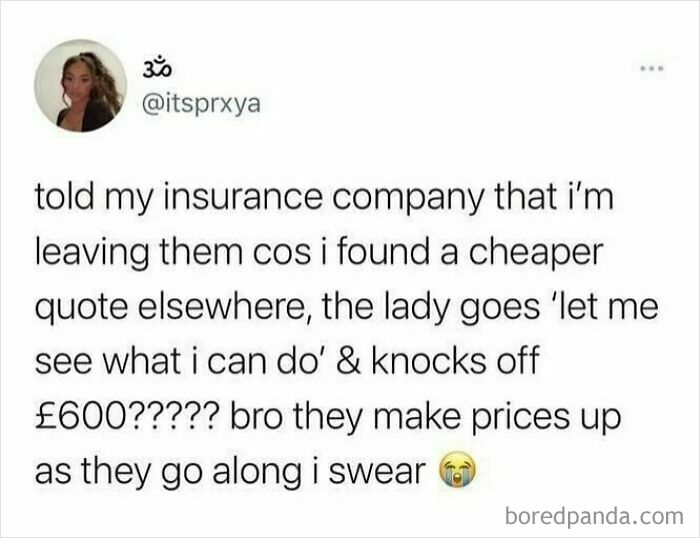 Tweet about negotiating insurance prices humorously, reflecting British humor in everyday situations with unexpected savings.