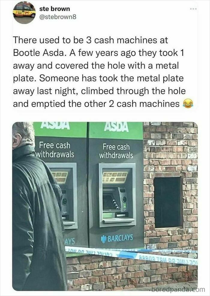 Meme about British humor showing a clever ATM theft at Bootle Asda with missing cash machines and a metal plate hole.