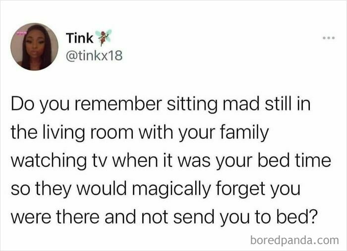 Tweet about sitting mad in the living room with family watching TV and being forgotten at bedtime British humor meme.