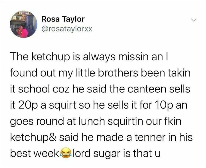 Screenshot of a British humor meme about a clever schoolboy selling ketchup squirts for profit at lunch.