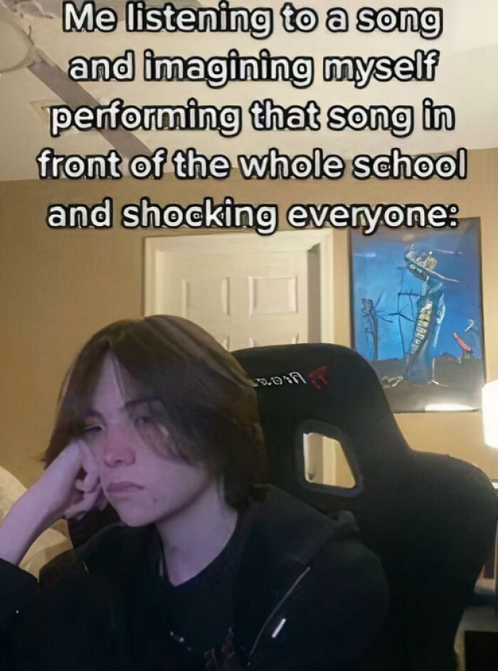 Teen sitting in a gaming chair imagining performing a song in front of school, relatable posts and memes about life feelings