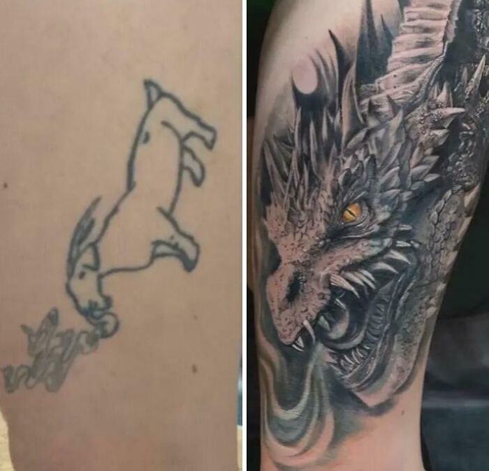 Side-by-side comparison of an awful tattoo and a detailed dragon tattoo showcasing truly awful tattoos and impressive cover-ups.