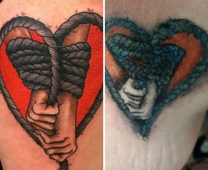 Two side-by-side awful tattoos featuring hands wrapped in rope forming a heart shape with red background on skin.