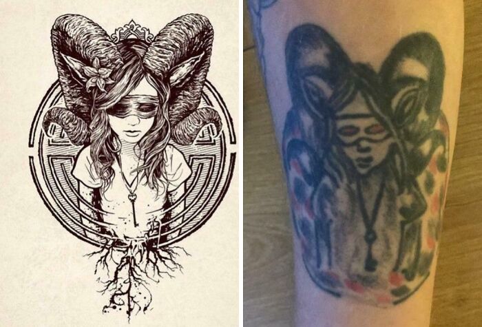 Side-by-side comparison of a complex ram horn tattoo design and a poorly executed arm tattoo version in awful tattoos.