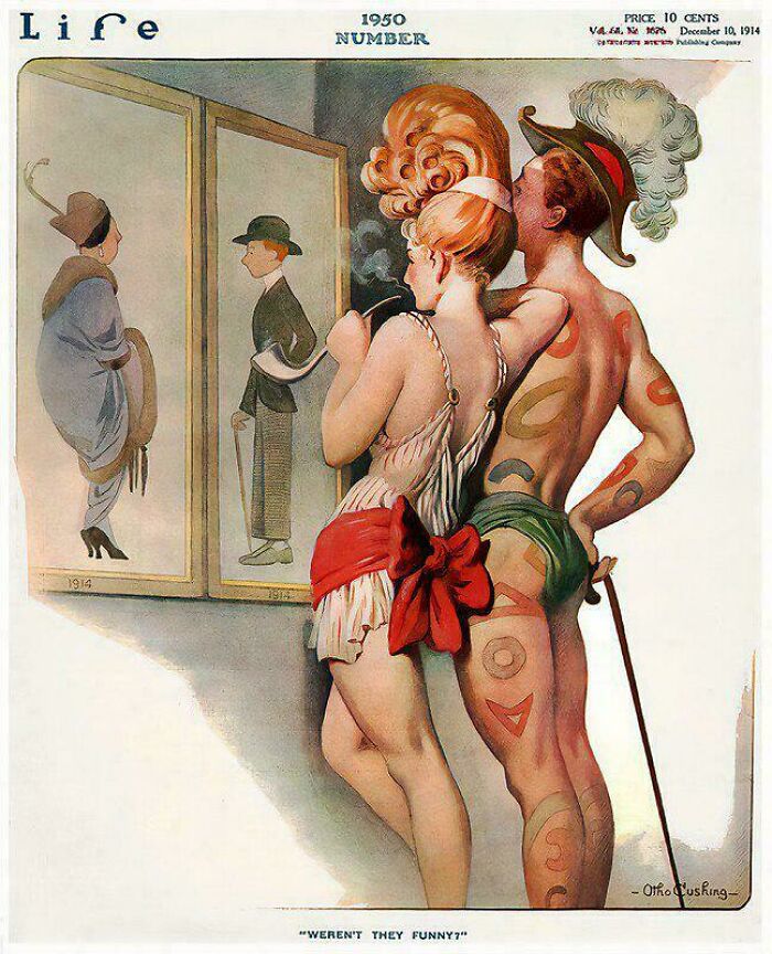 Vintage Life magazine cover illustration showing a couple in costumes with retro style in a throwback moment artwork.