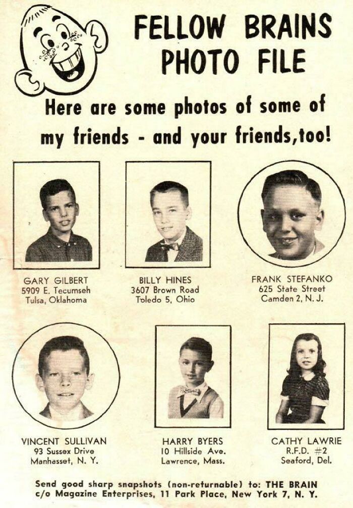 Black and white vintage yearbook-style photos of children with names and addresses, a bizarre throwback moment from the past.