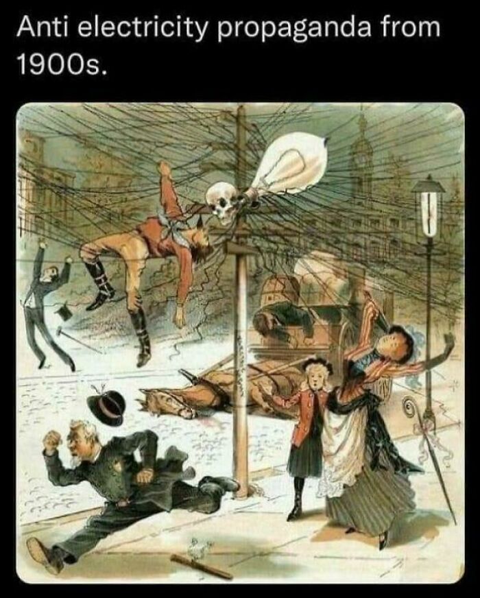 Anti electricity propaganda cartoon from 1900s showing bizarre throwback moment with people affected by electric wires.