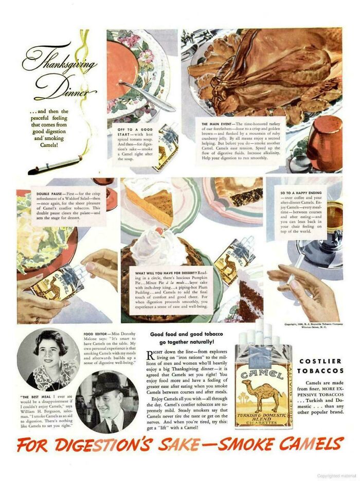 Vintage Thanksgiving dinner ad promoting smoking Camels for digestion, a bizarre throwback moment in tobacco advertising.