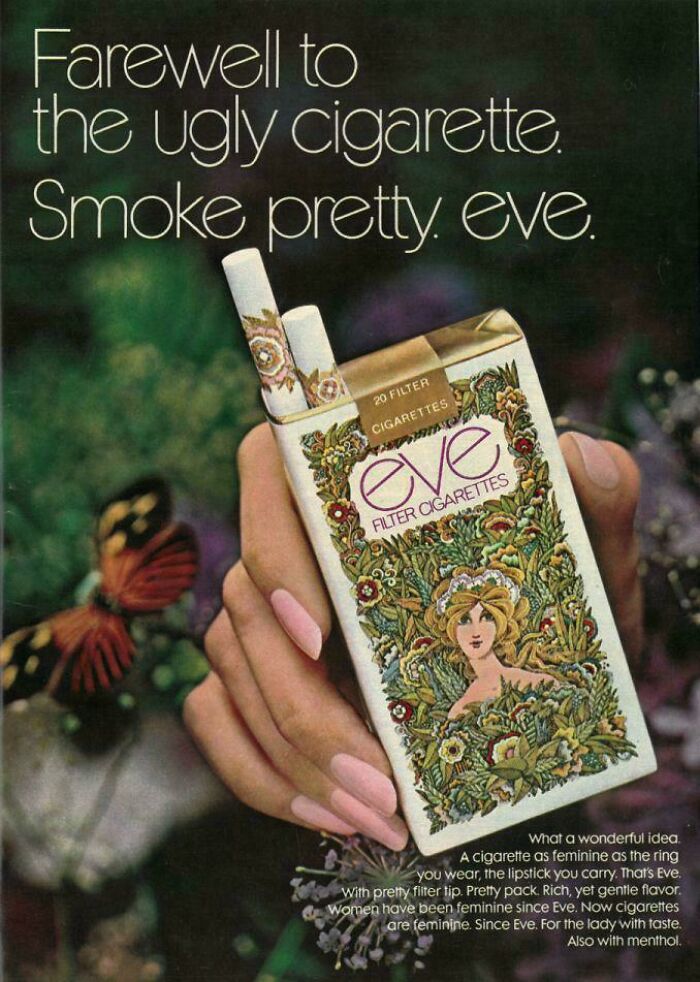 Vintage Eve cigarette pack held by a woman with pink nails, illustrating bizarre throwback moments in 2026 perspective.