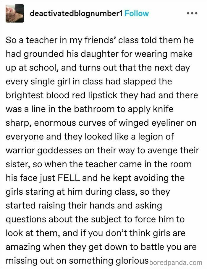 A story about funny regret moments where students unite with bold makeup to challenge a teacher's strict rule.